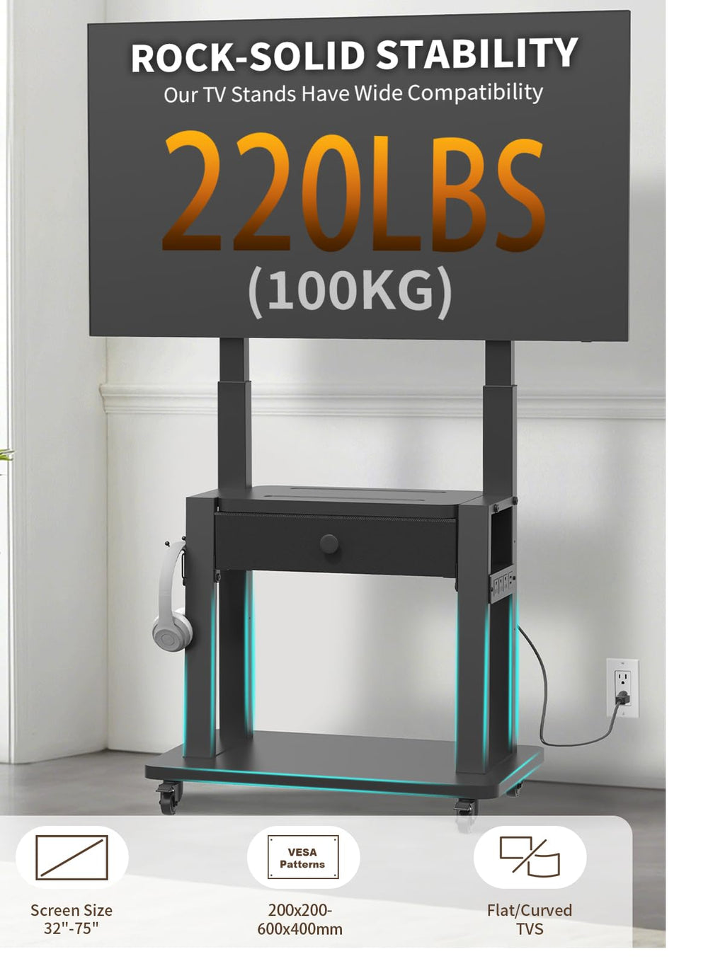 Black Rolling TV Stand with Power Outlet for 32-75 Inch Screens U693