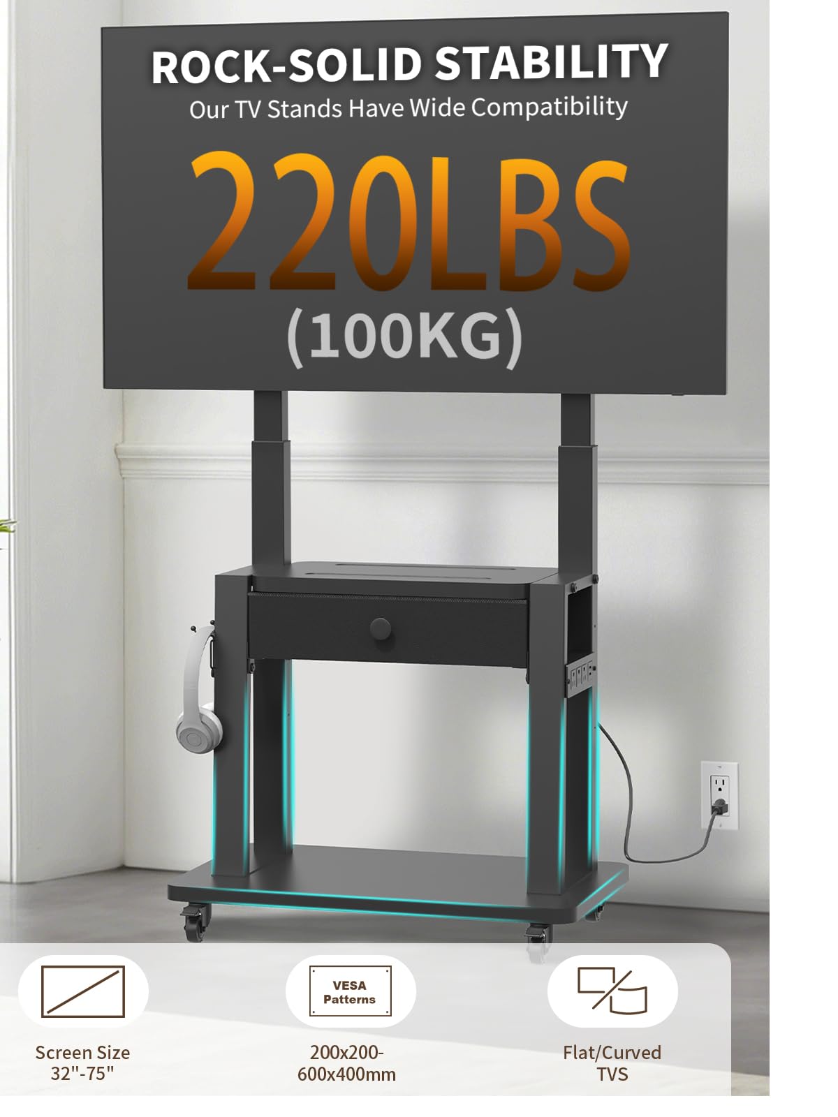 Black Rolling TV Stand with Power Outlet for 32-75 Inch Screens U693