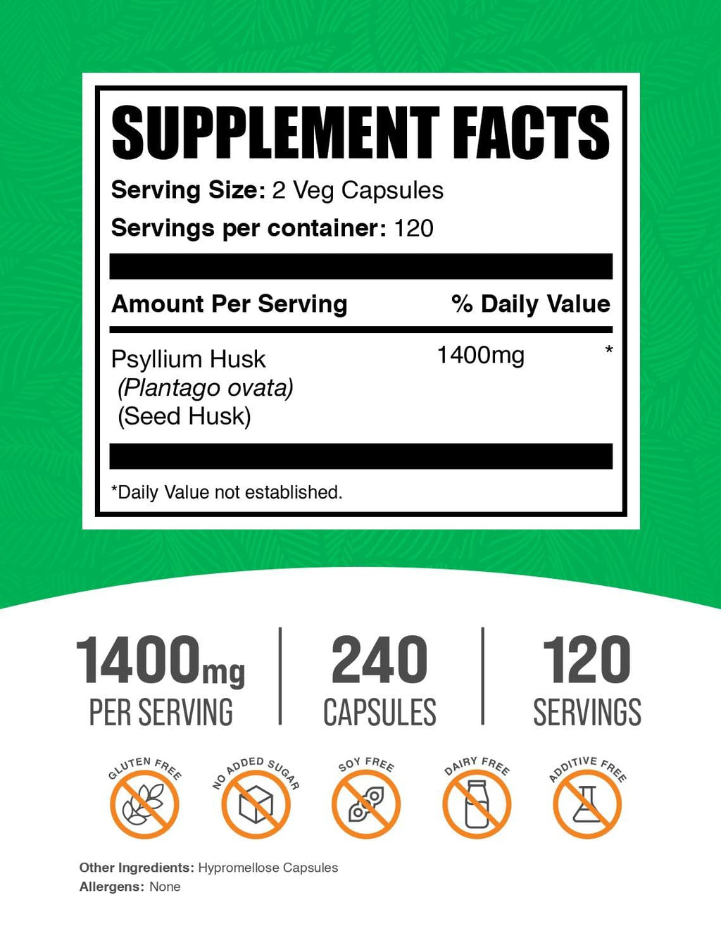 Psyllium Husk Fiber Capsules Vegan Gluten Free 240 Veg Capsules S6227