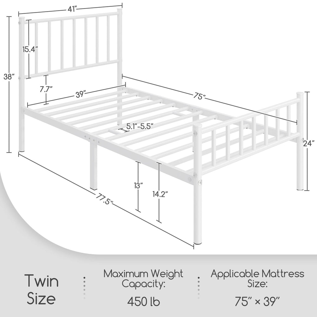 Twin Size White Metal Platform Bed Frame with Spindle Headboard B295