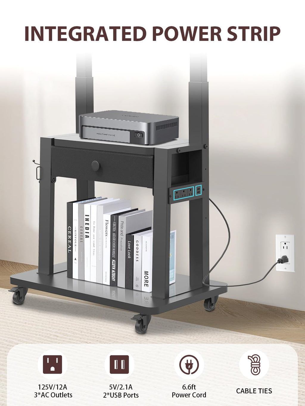 Black Rolling TV Stand with Power Outlet for 32-75 Inch Screens U693