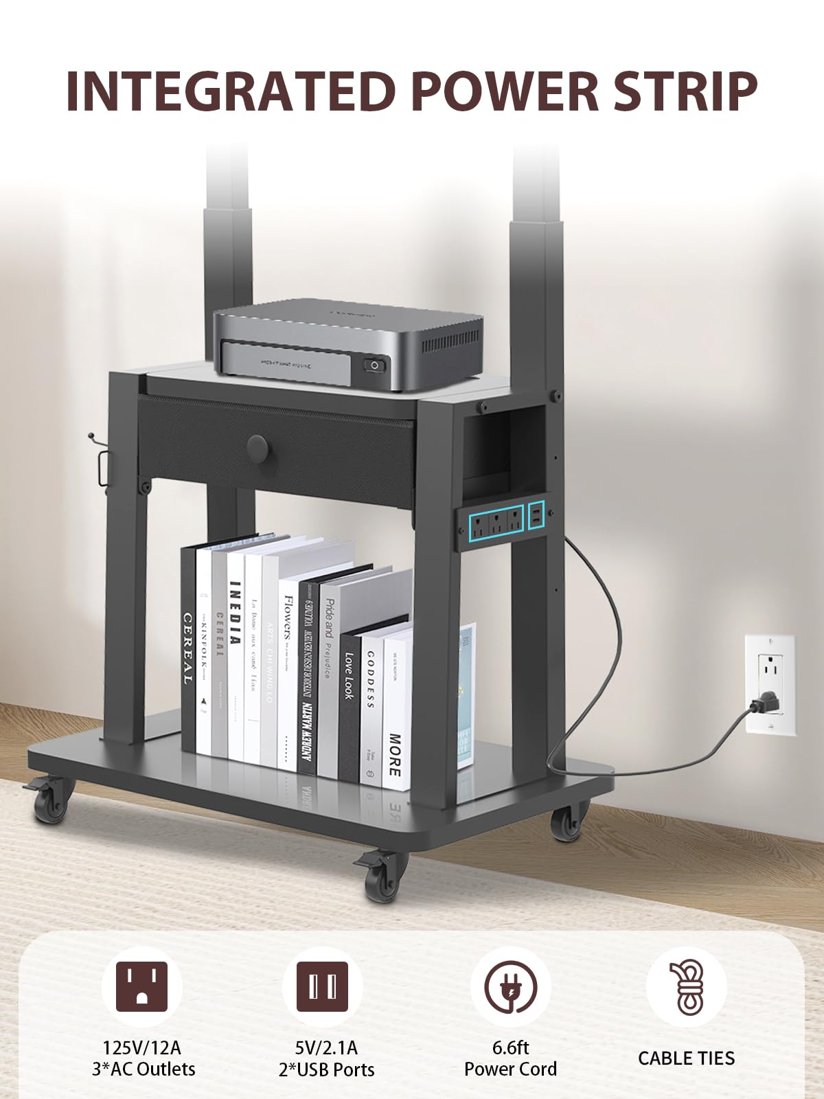 Black Rolling TV Stand with Power Outlet for 32-75 Inch Screens U693