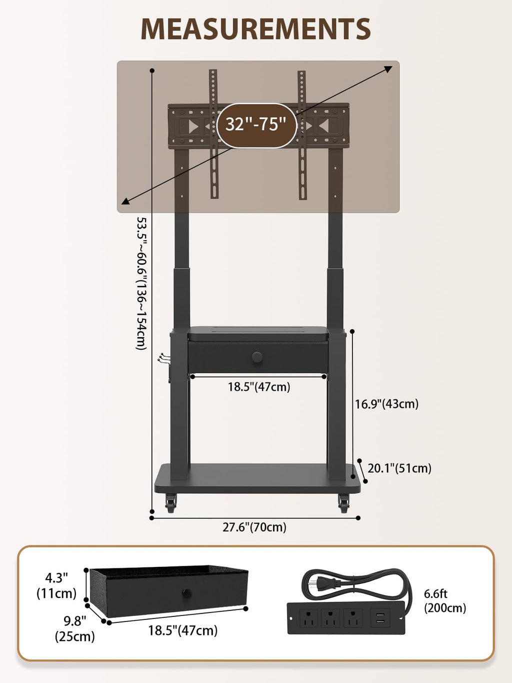 Black Rolling TV Stand with Power Outlet for 32-75 Inch Screens U693