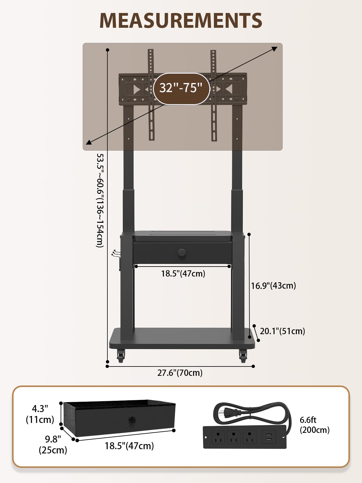 Black Rolling TV Stand with Power Outlet for 32-75 Inch Screens U693