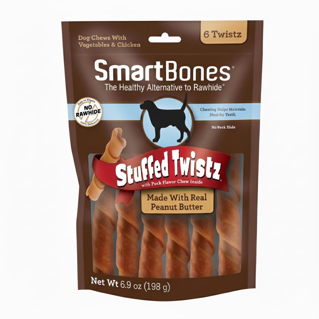 Peanut Butter Pork Flavor Rawhide-Free Dog Chews 6 Twistz I7685