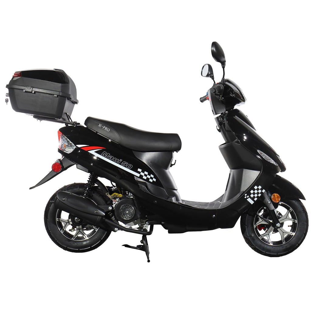 50 Gas Moped with 10" Aluminum Wheels, Rear Trunk, Electric/Kick Start, Black K18506