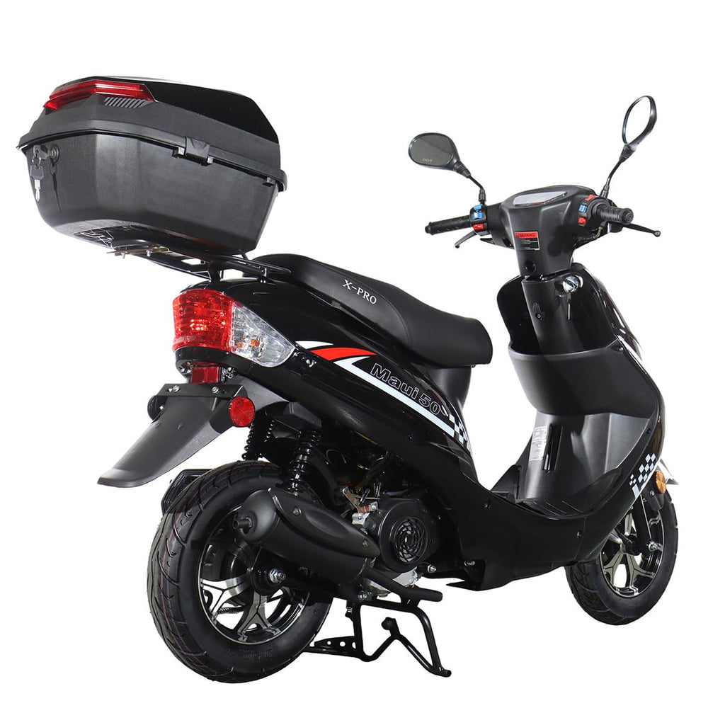 50 Gas Moped with 10" Aluminum Wheels, Rear Trunk, Electric/Kick Start, Black K18506