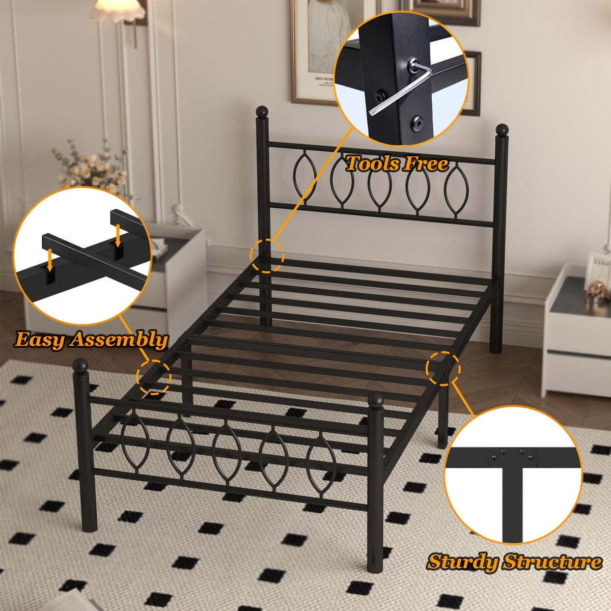 Black 14 Inch Metal Platform Twin Bed Frame with Headboard C48473