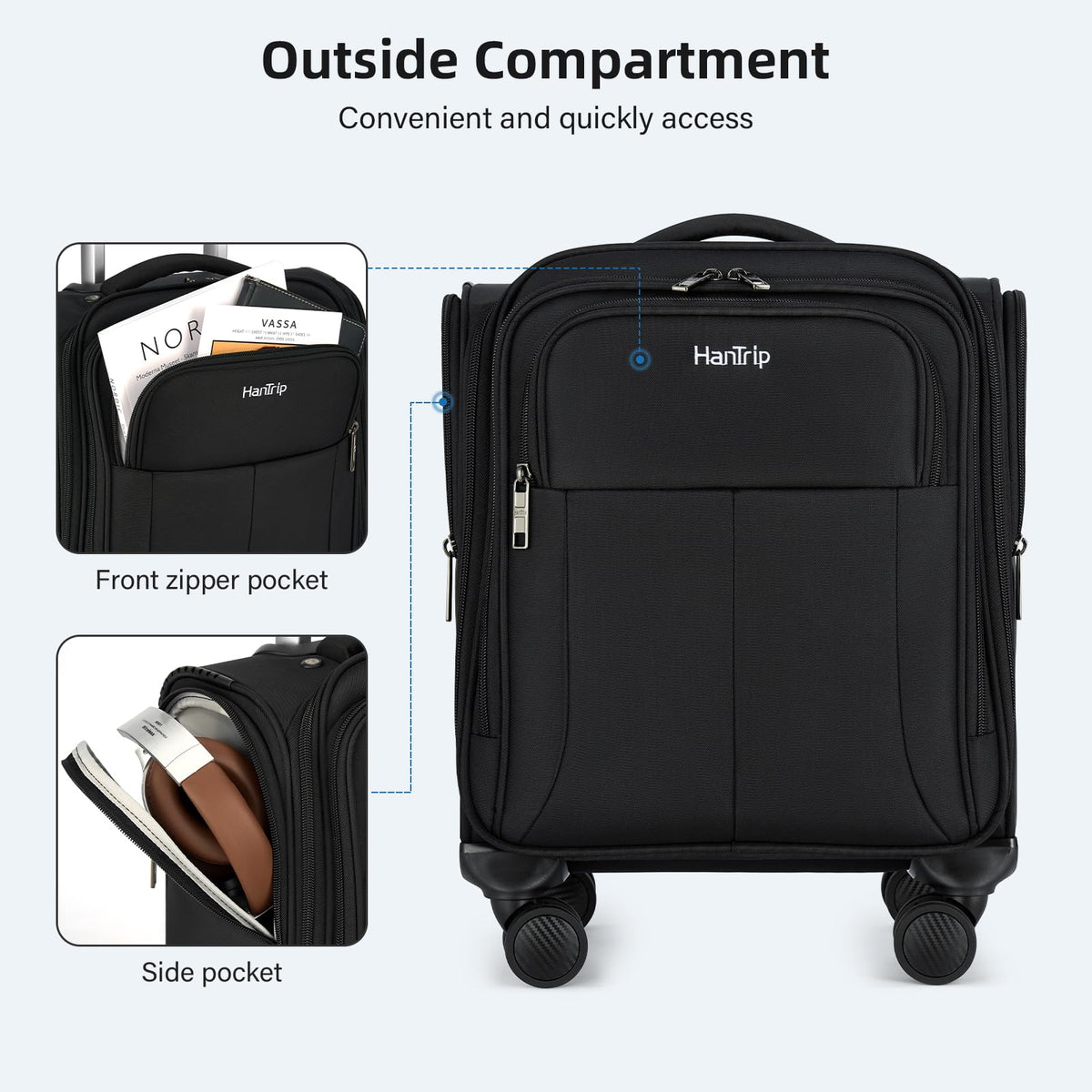 16 Inch Underseat Carry On Luggage with Spinner Wheels, Black P128