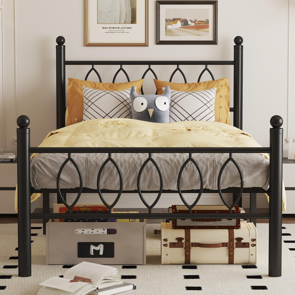 Black 14 Inch Metal Platform Twin Bed Frame with Headboard C48473