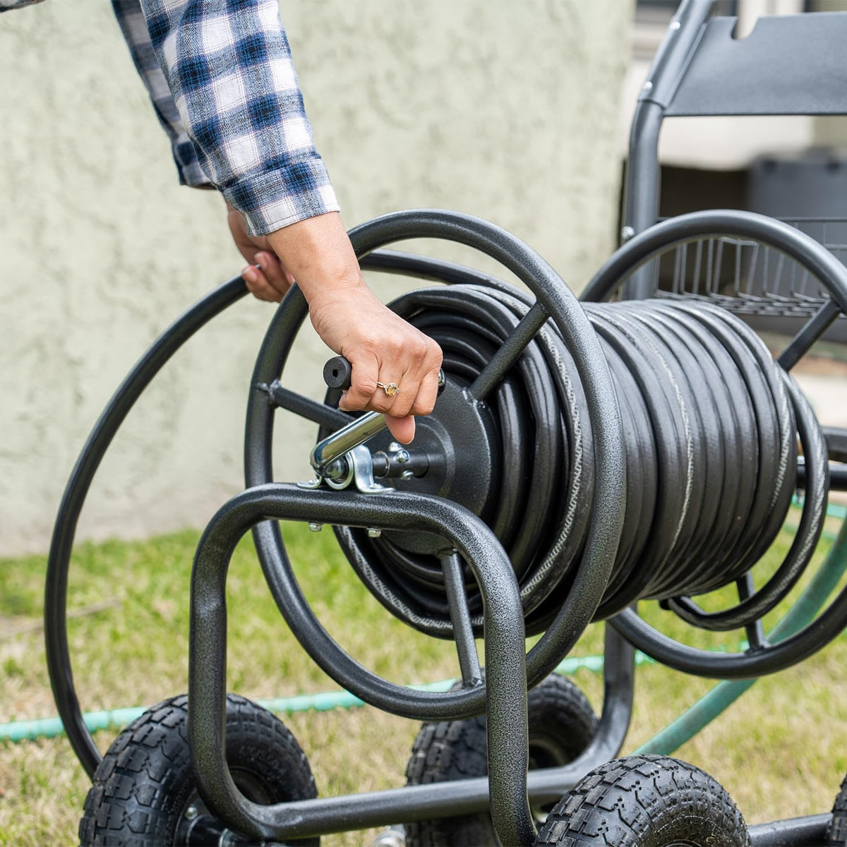 Hose Reel Cart with Wheels, 300-Feet Capacity, Grey P245