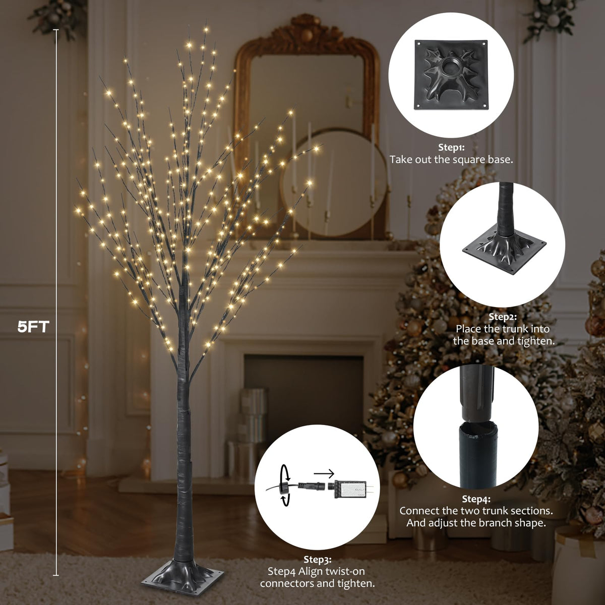 5FT Lighted Birch Tree with 400 LED Warm White Lights U528