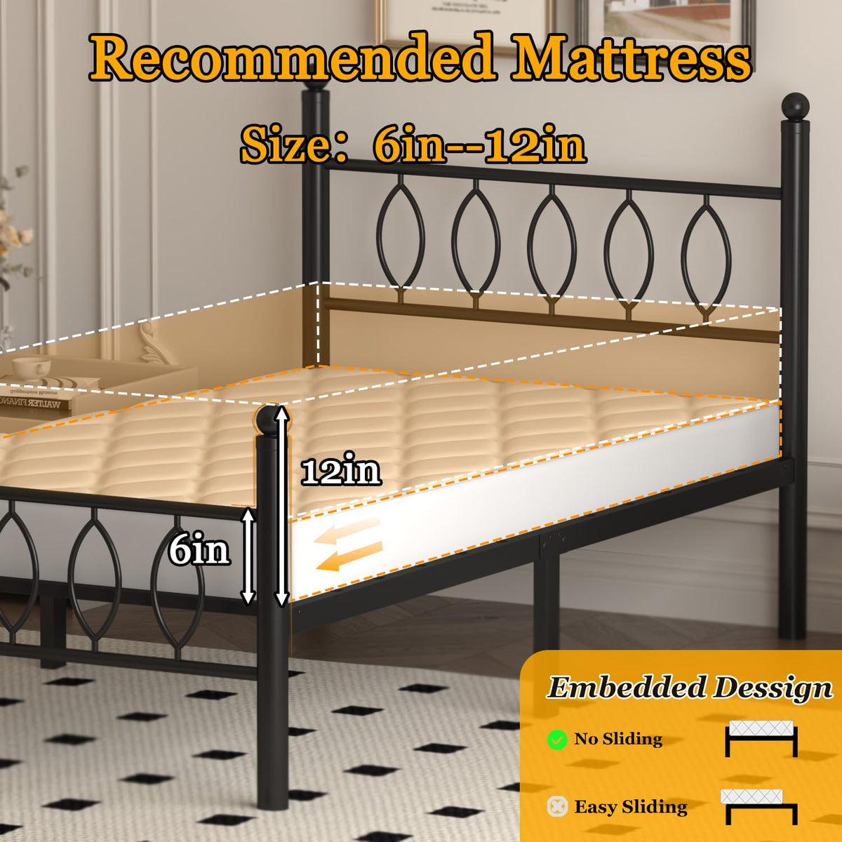 Black 14 Inch Metal Platform Twin Bed Frame with Headboard C48473