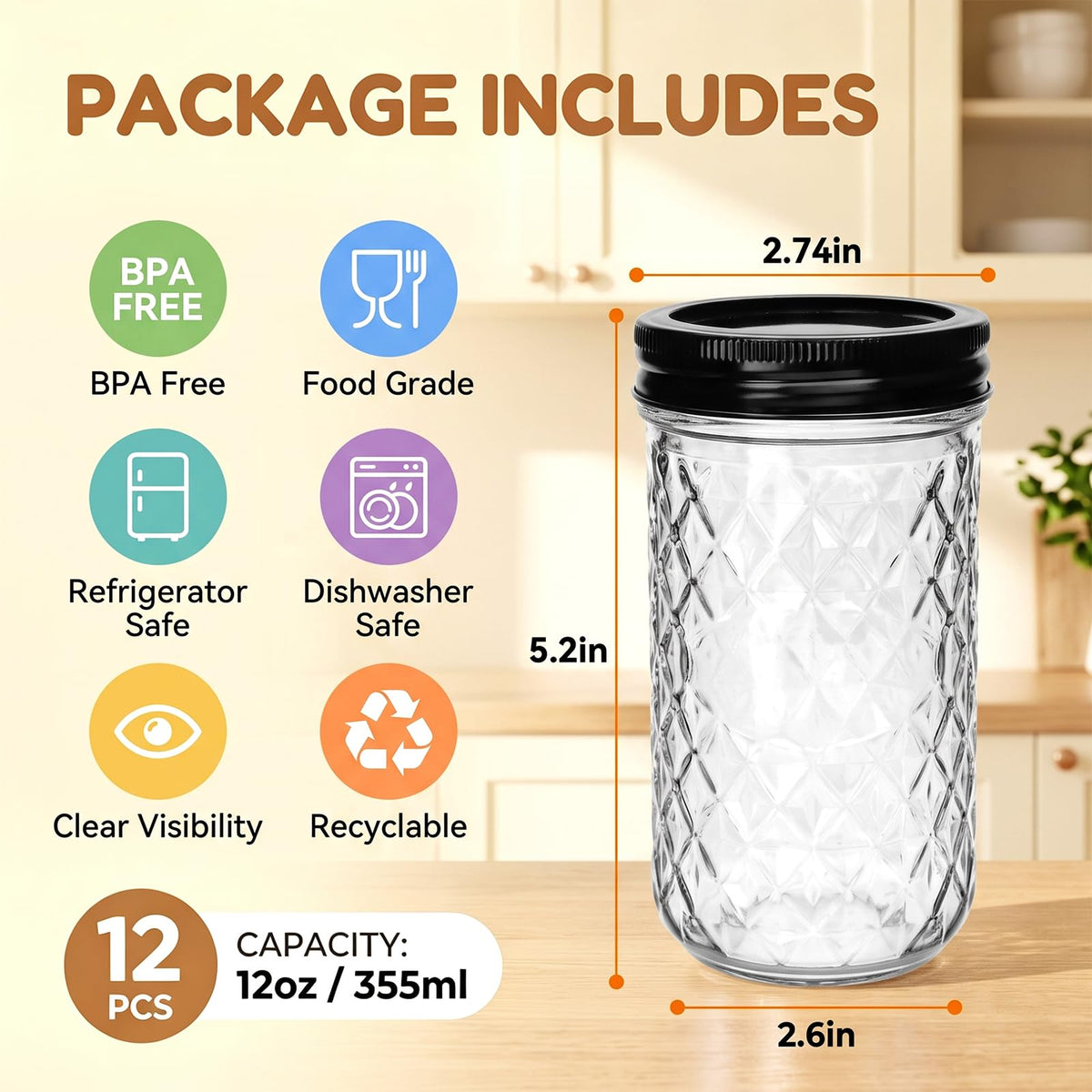 12 oz Mason Jars 12 Pack Regular Mouth Canning Jars with Black Lids W87128