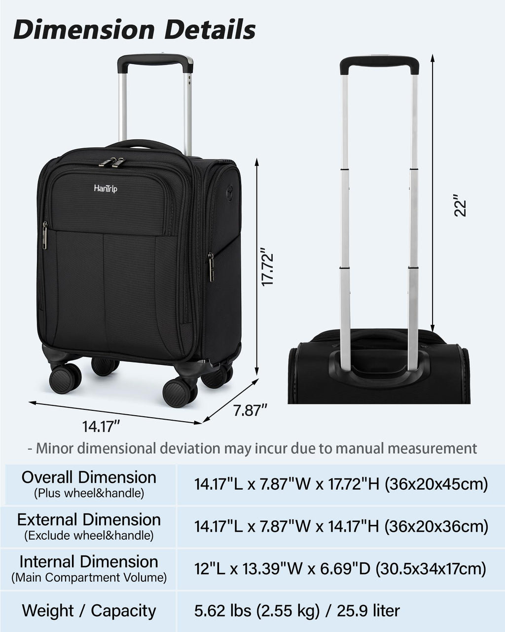 16 Inch Underseat Carry On Luggage with Spinner Wheels, Black P128