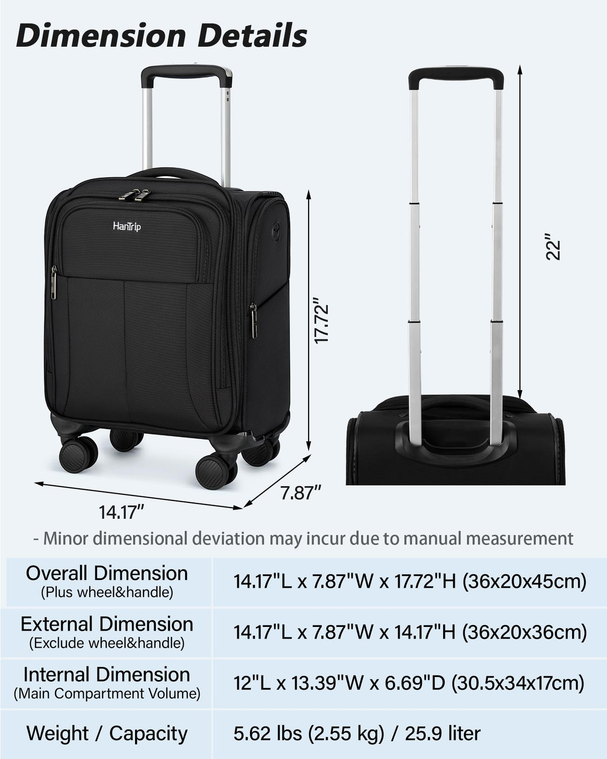 16 Inch Underseat Carry On Luggage with Spinner Wheels, Black P128