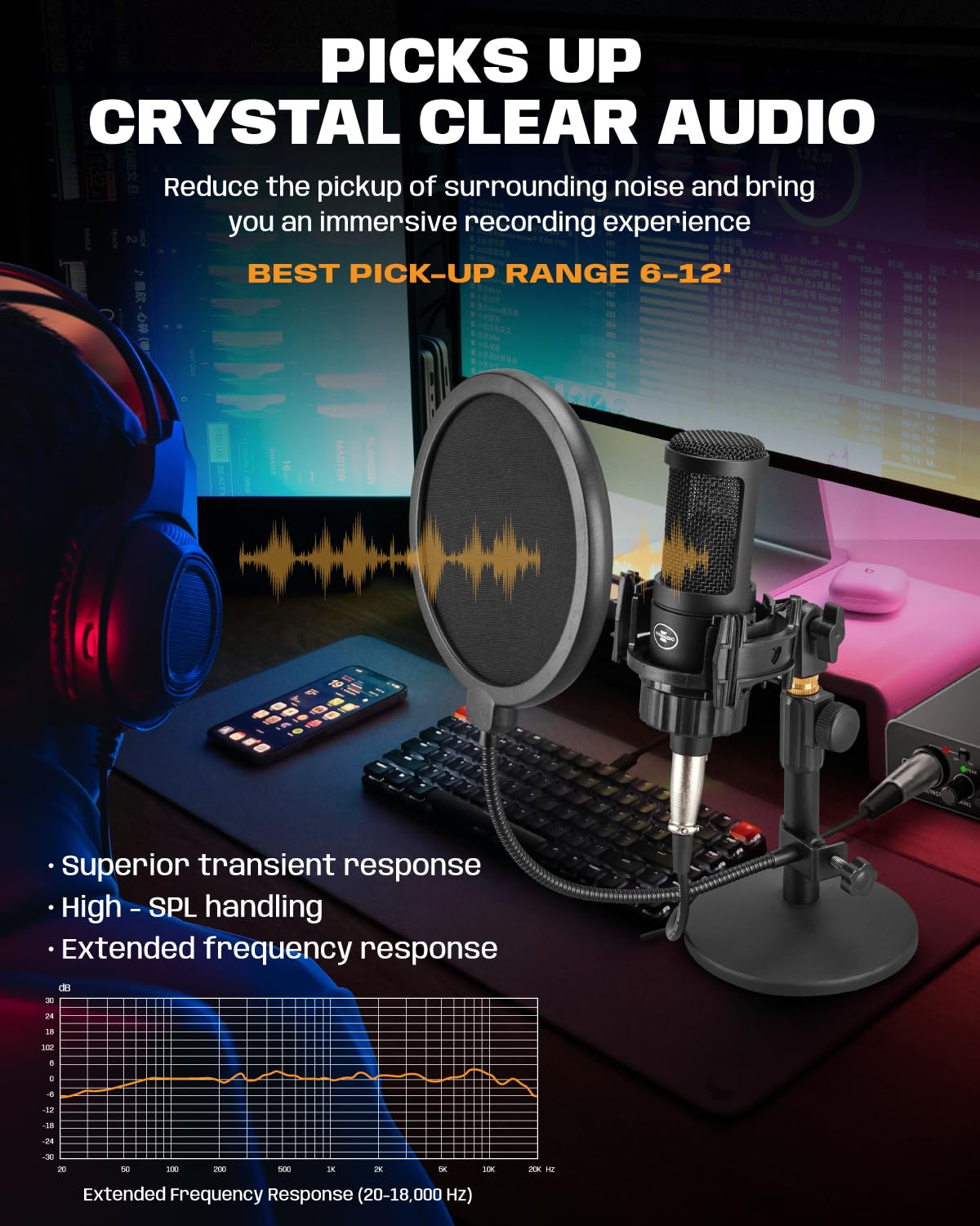 XLR Condenser Microphone with 26mm Large Diaphragm Cardioid Recording Studio Mic Kit G687029