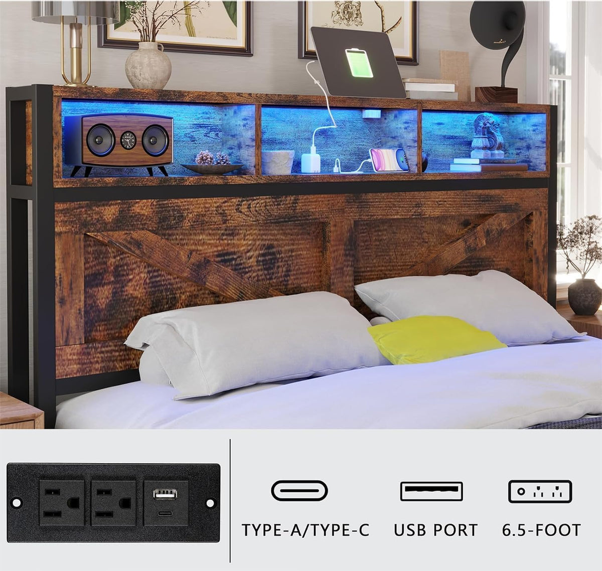 King Bed Frame with Storage Bookcase Headboard & Drawers, Brown Q636598