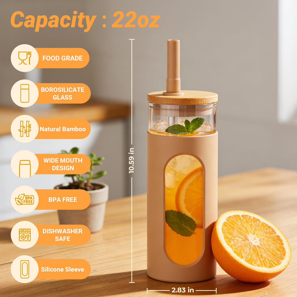 22 oz Glass Tumbler with Lid & Straw T450566