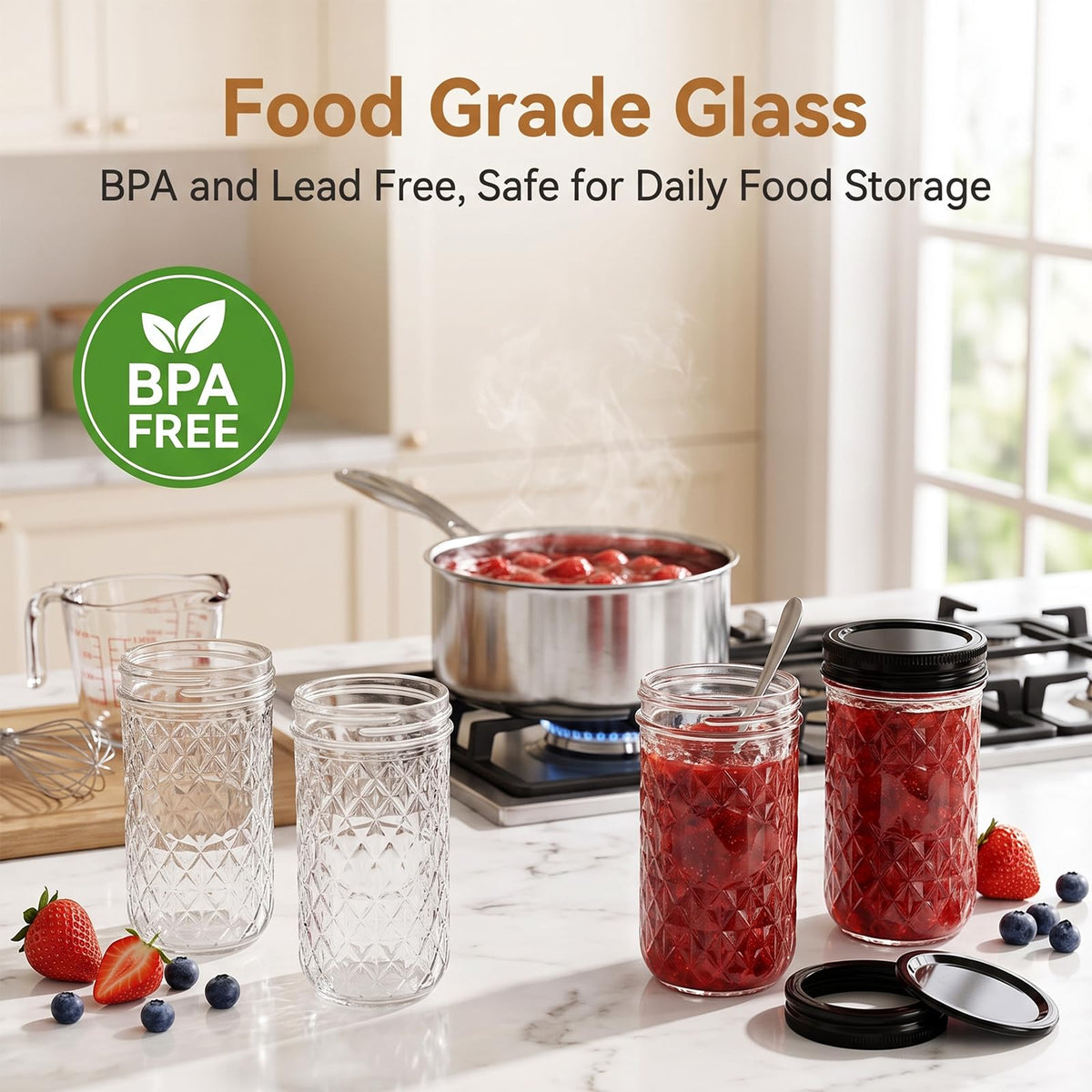 12 oz Mason Jars 12 Pack Regular Mouth Canning Jars with Black Lids W87128