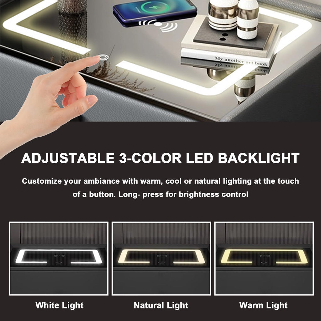 White 3 Drawer LED Nightstand with Wireless Charging B225846