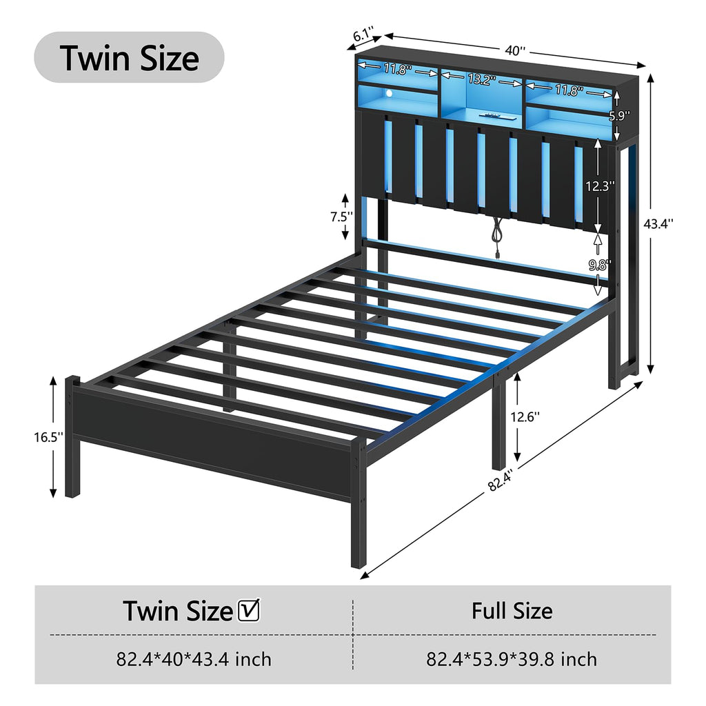 Twin Size Bed Frame with Storage Headboard and LED Lights E7344
