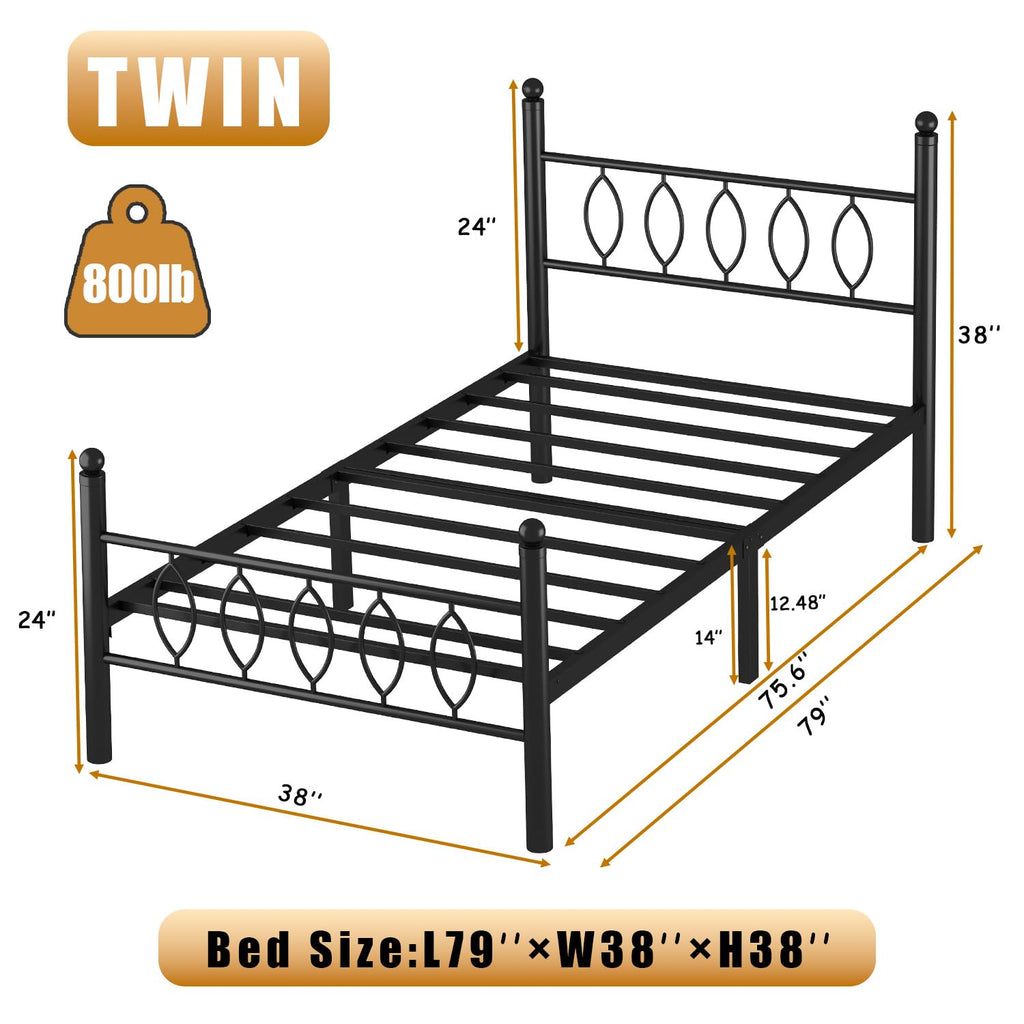 Black 14 Inch Metal Platform Twin Bed Frame with Headboard C48473