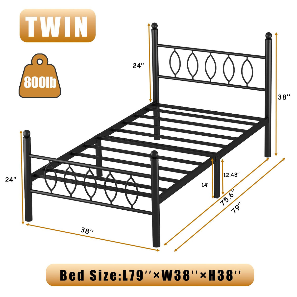 Black 14 Inch Metal Platform Twin Bed Frame with Headboard C48473