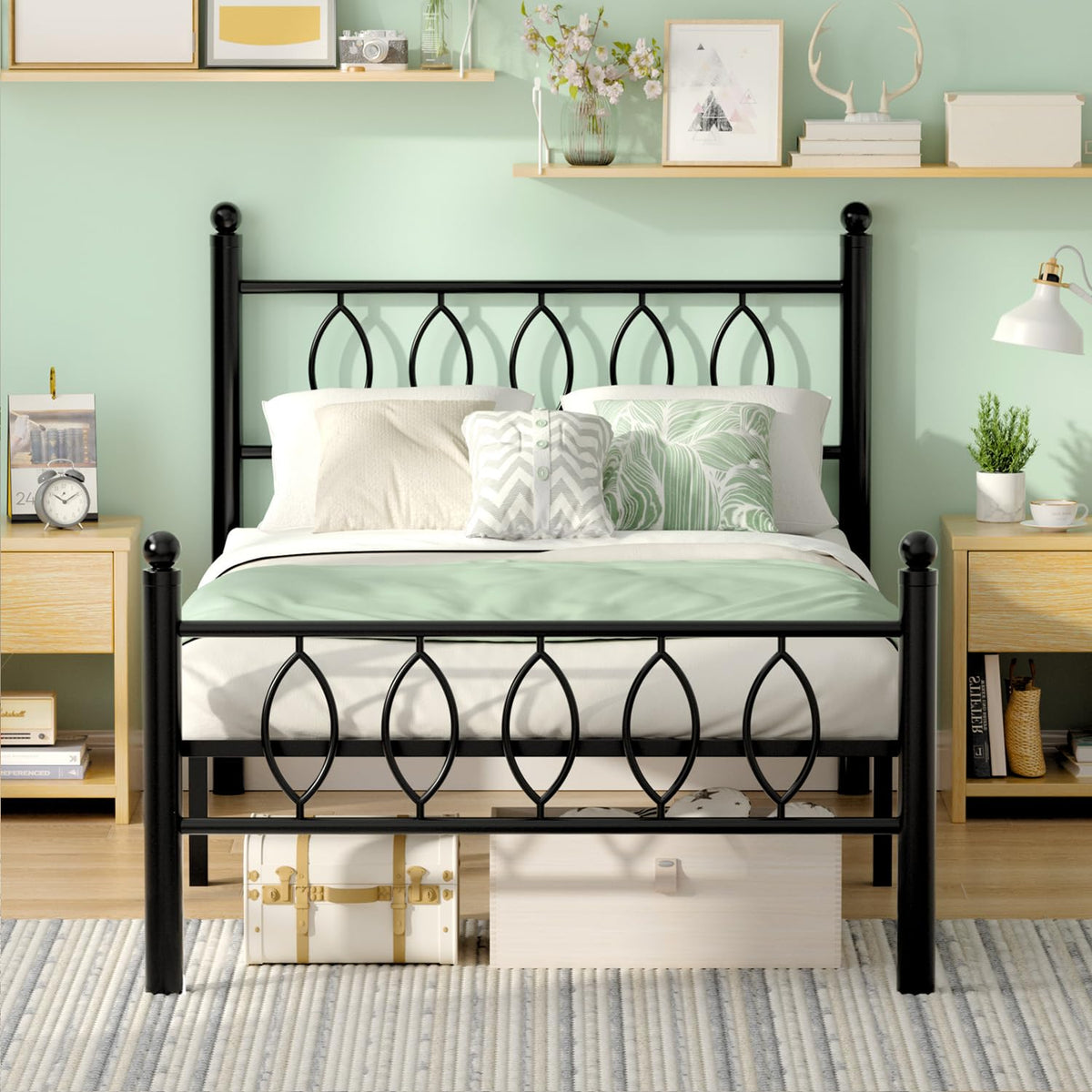 Black 14 Inch Metal Platform Twin Bed Frame with Headboard C48473