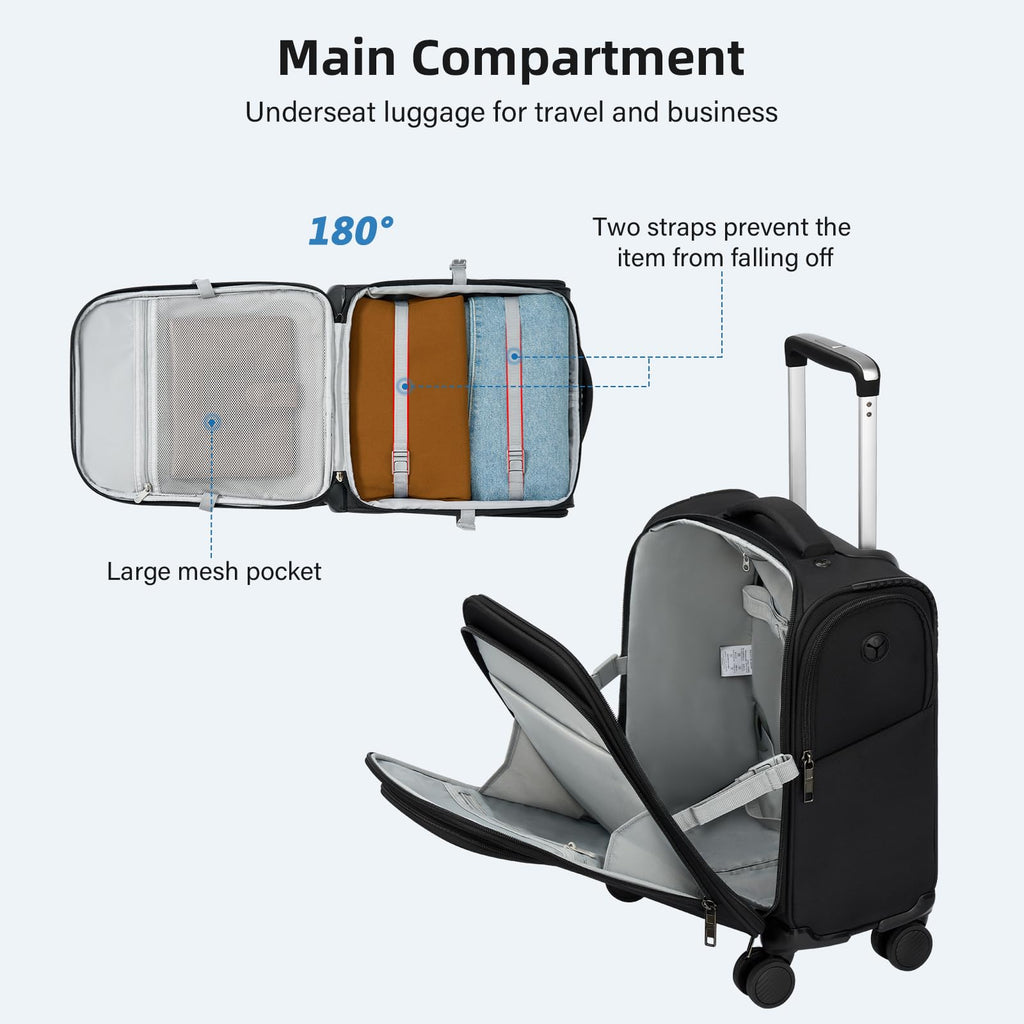 16 Inch Underseat Carry On Luggage with Spinner Wheels, Black P128