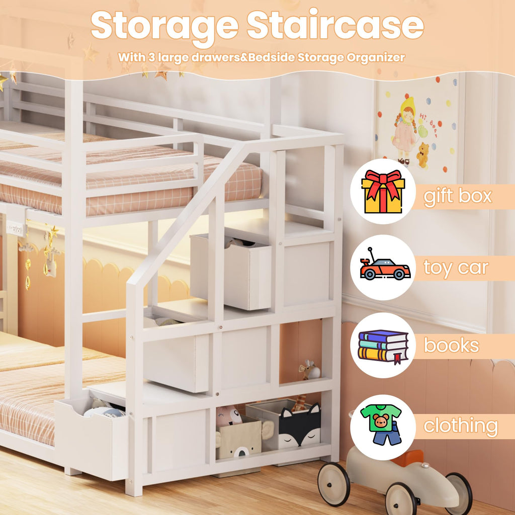 White Twin Over Twin Bunk Bed with Storage Stairs D361