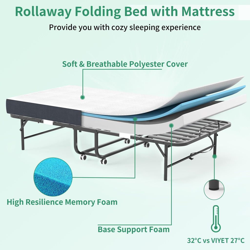 Folding Bed with Mattress, 5-Inch Memory Foam, 500lbs Capacity, Metal Frame, Adjustable Headboard Z765