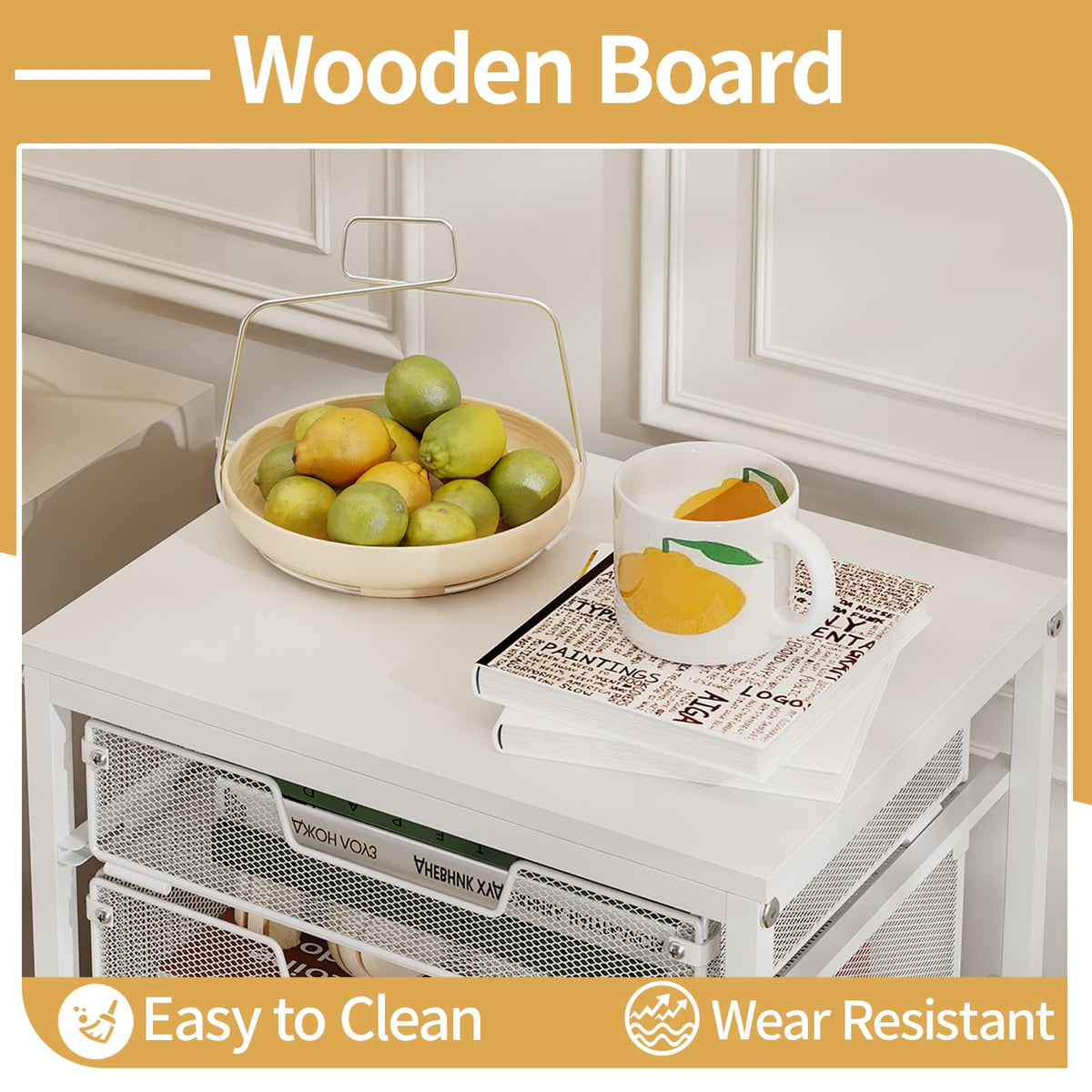 White 5 Drawer Rolling Utility Cart with Wooden Tabletop U9446