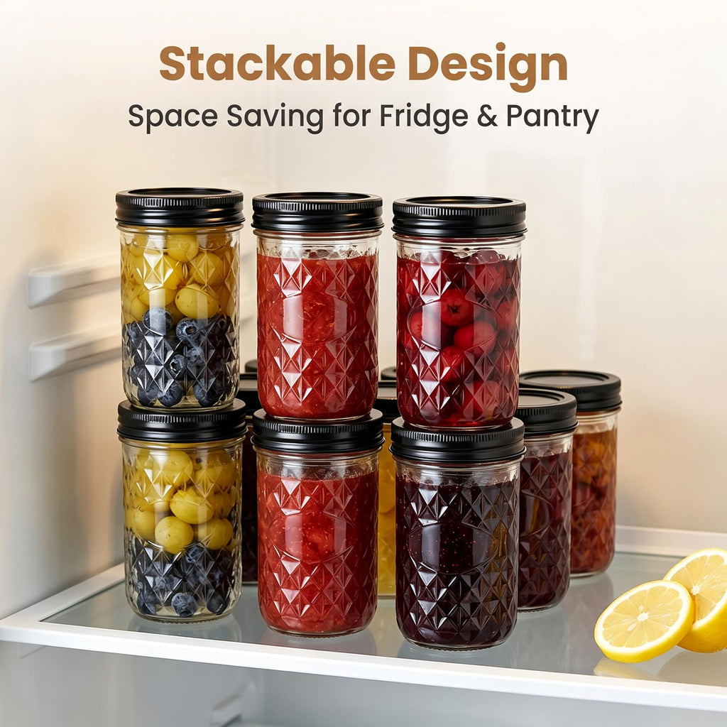 12 oz Mason Jars 12 Pack Regular Mouth Canning Jars with Black Lids W87128