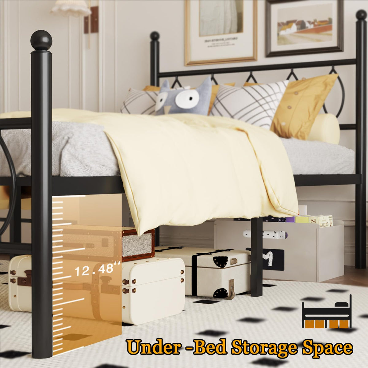 Black 14 Inch Metal Platform Twin Bed Frame with Headboard C48473