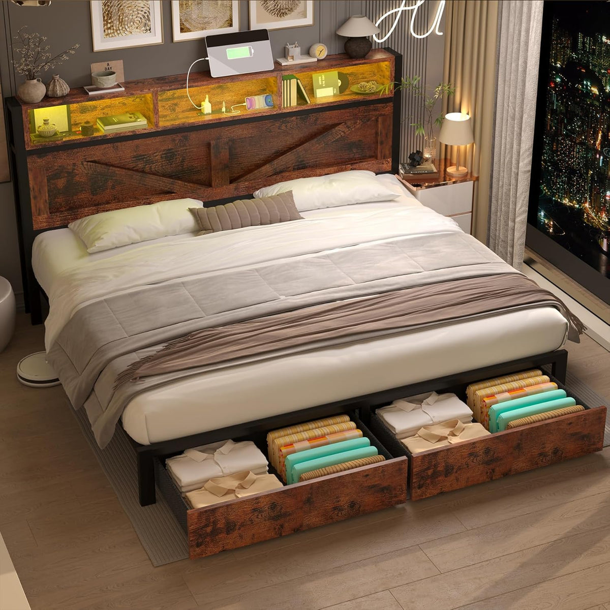 King Bed Frame with Storage Bookcase Headboard & Drawers, Brown Q636598