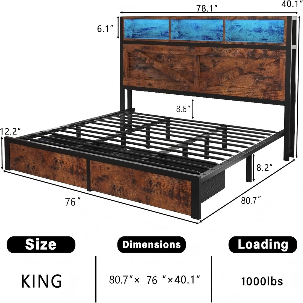 King Bed Frame with Storage Bookcase Headboard & Drawers, Brown Q636598