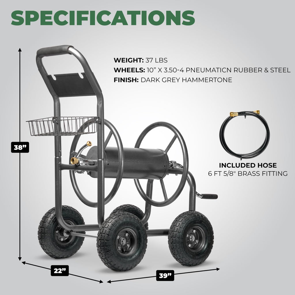 Hose Reel Cart with Wheels, 300-Feet Capacity, Grey P245