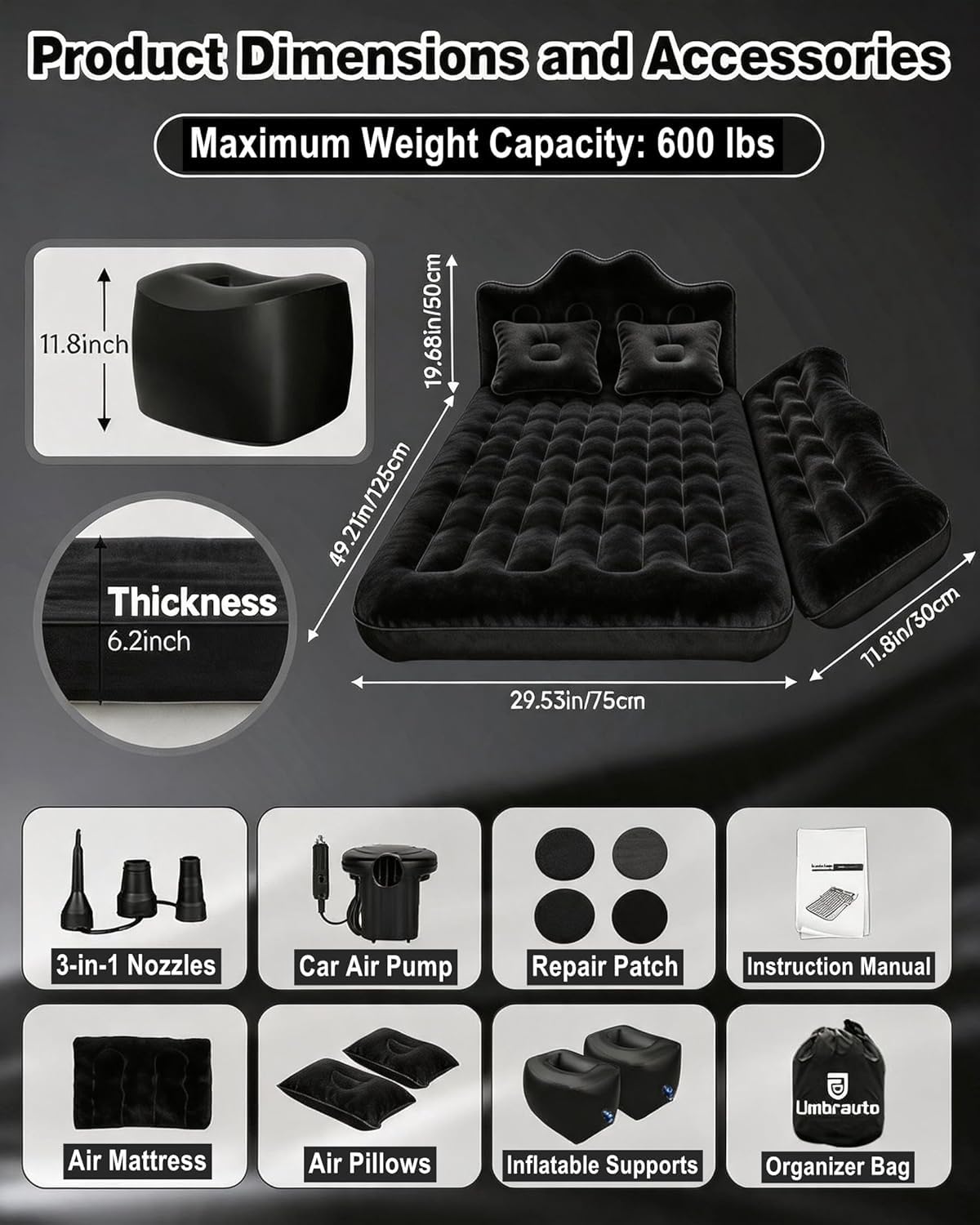 Inflatable Car Air Mattress with Pump & Pillows F65705