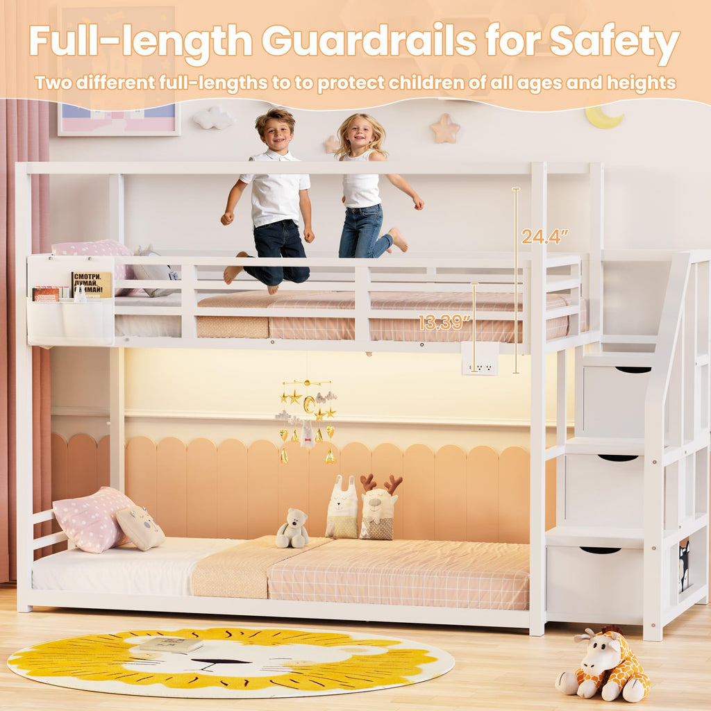 White Twin Over Twin Bunk Bed with Storage Stairs D361
