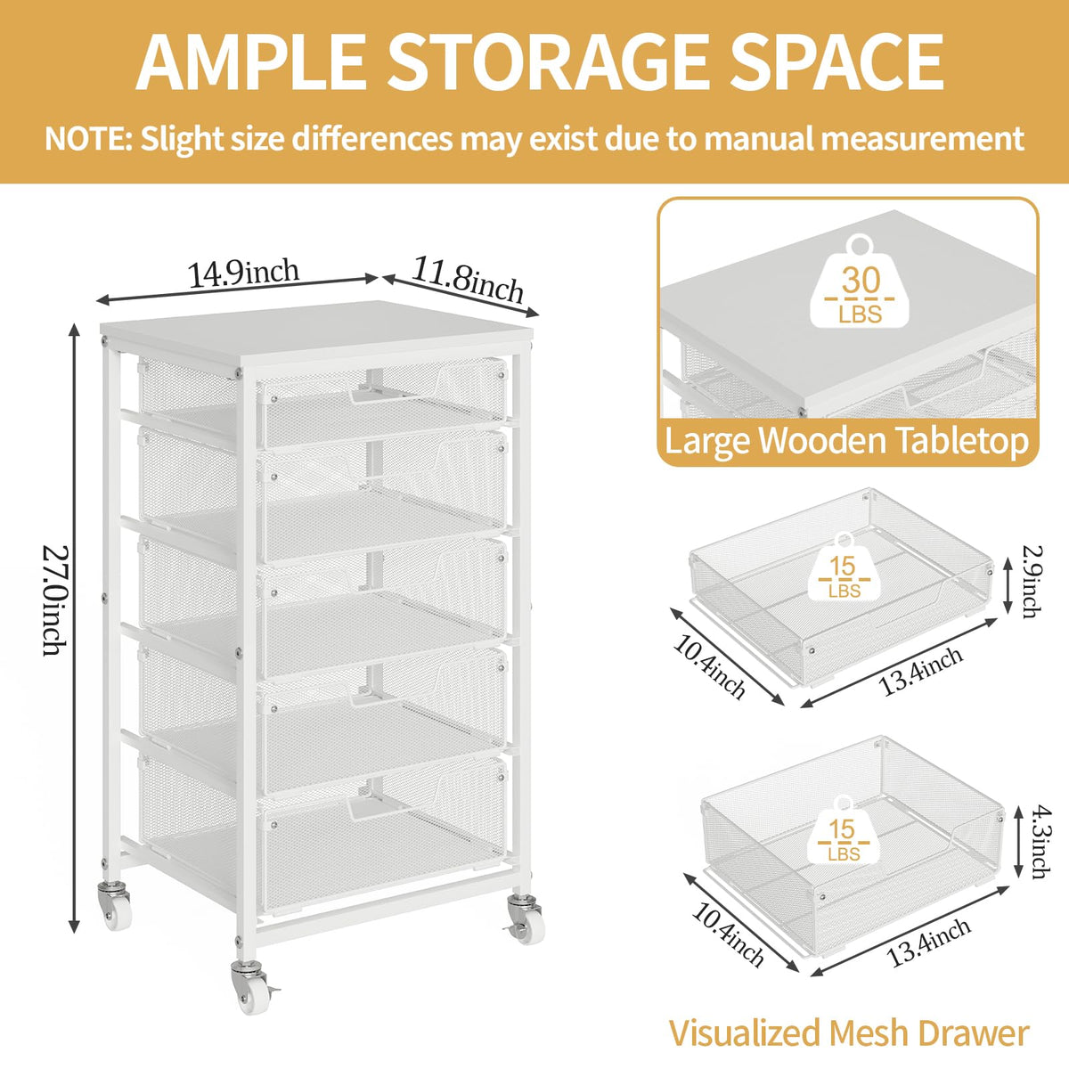 White 5 Drawer Rolling Utility Cart with Wooden Tabletop U9446