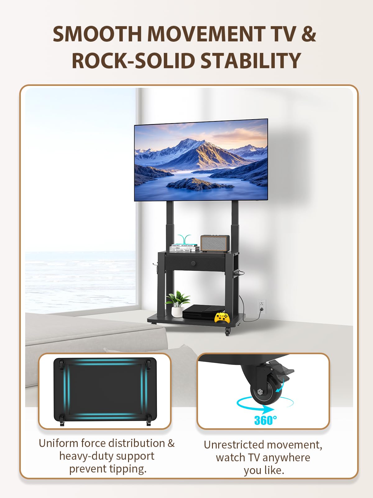 Black Rolling TV Stand with Power Outlet for 32-75 Inch Screens U693