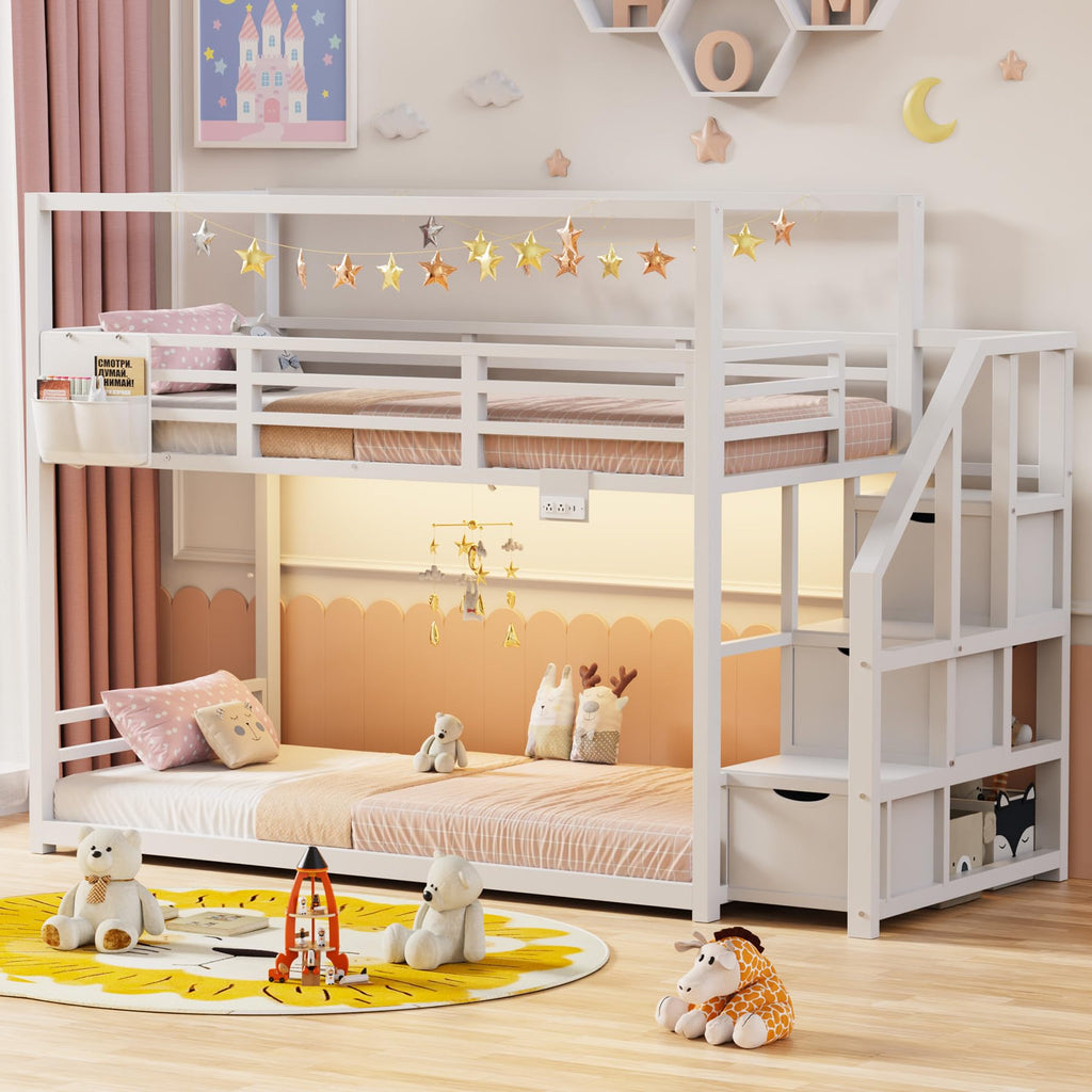 White Twin Over Twin Bunk Bed with Storage Stairs D361