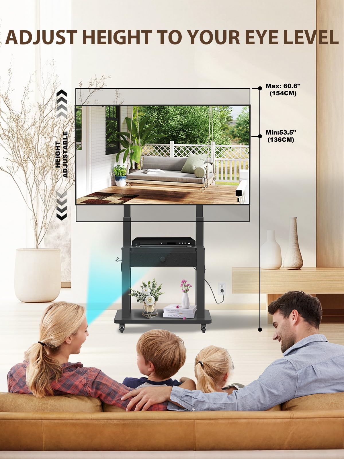 Black Rolling TV Stand with Power Outlet for 32-75 Inch Screens U693