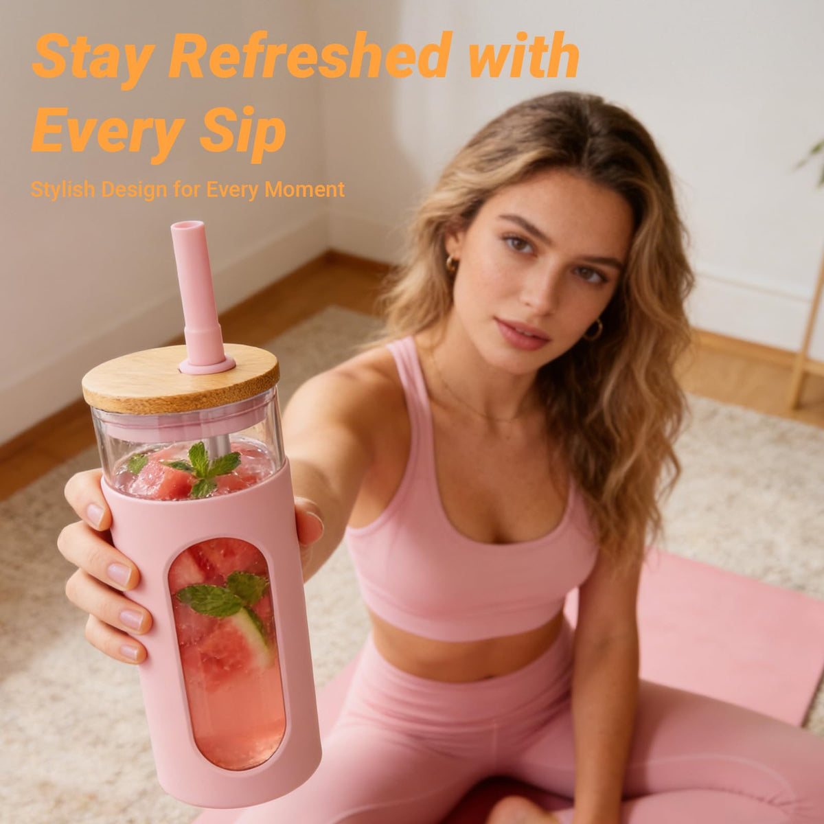 22 oz Glass Tumbler with Lid & Straw T450566
