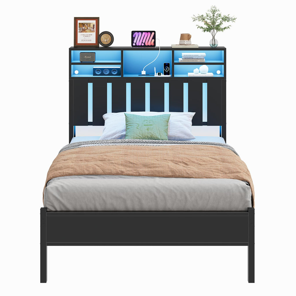 Twin Size Bed Frame with Storage Headboard and LED Lights E7344