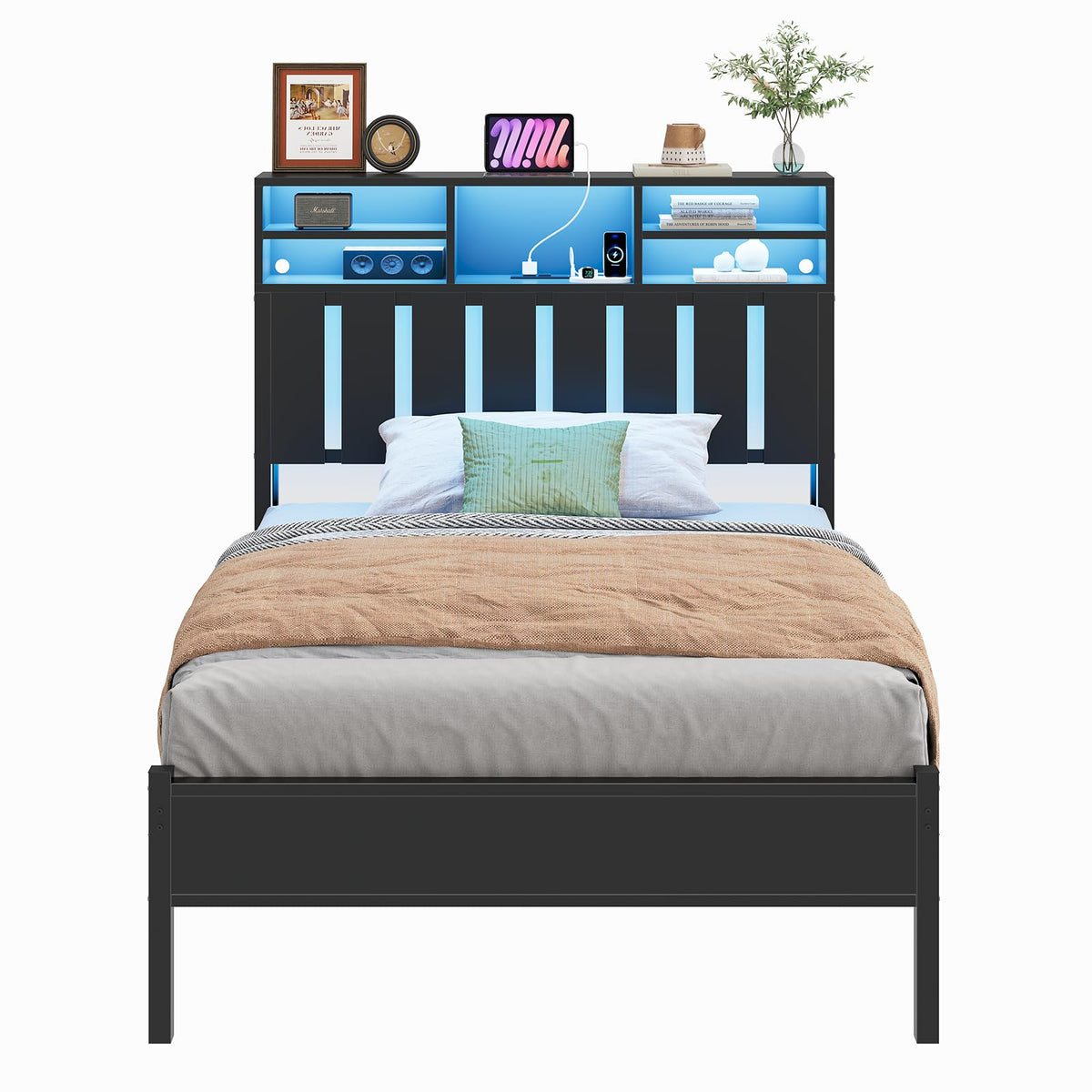 Twin Size Bed Frame with Storage Headboard and LED Lights E7344