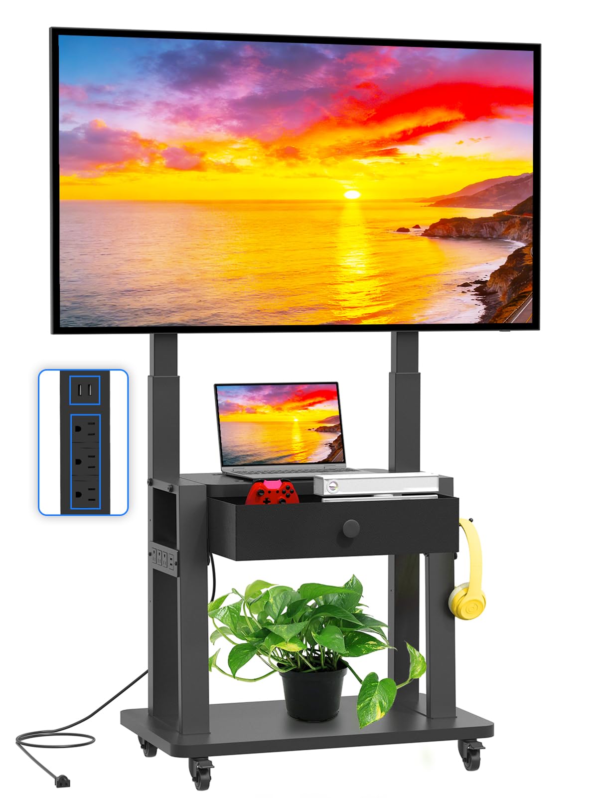 Black Rolling TV Stand with Power Outlet for 32-75 Inch Screens U693