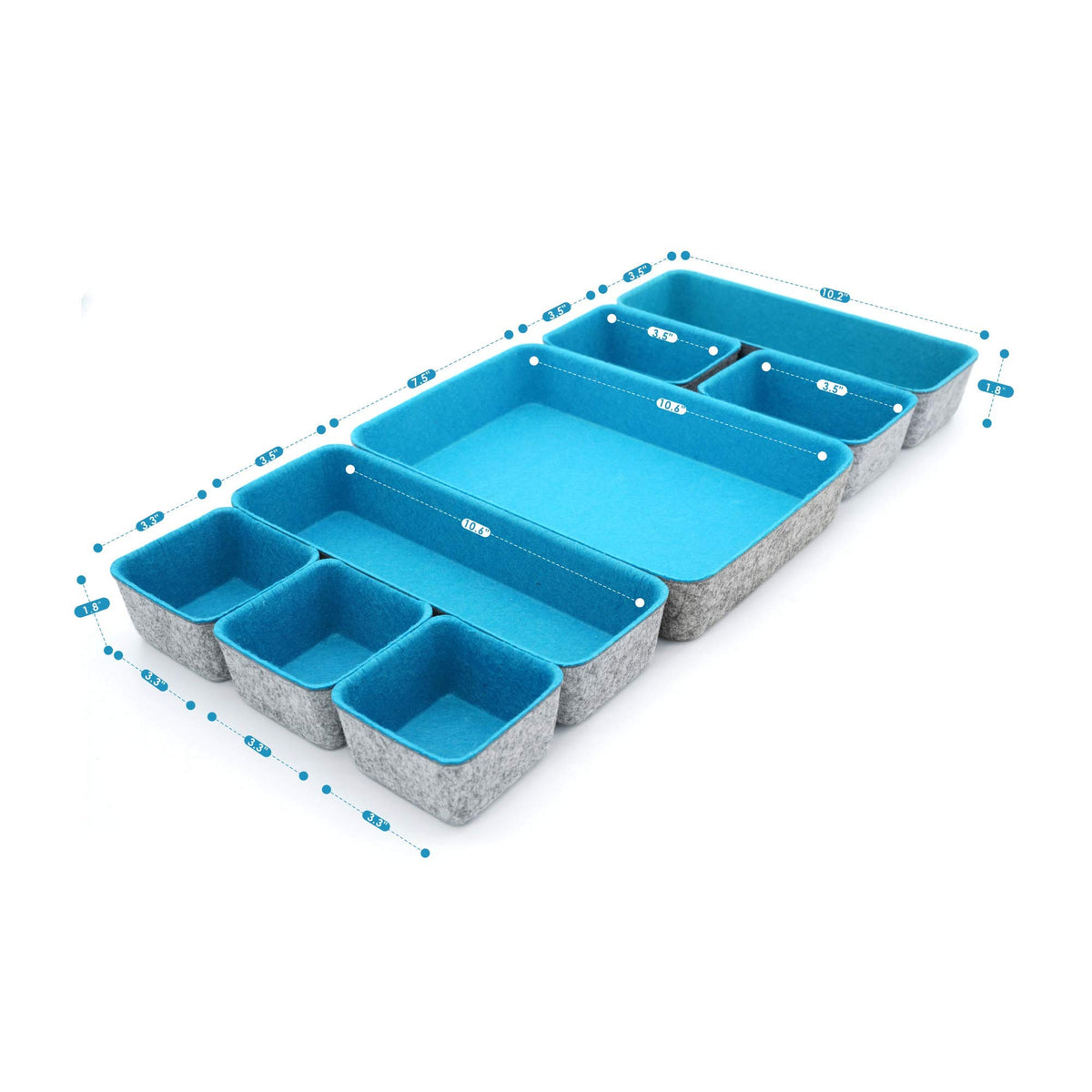 Felt Desk Drawer Organizer 8pc Turquoise Storage Bins V1621