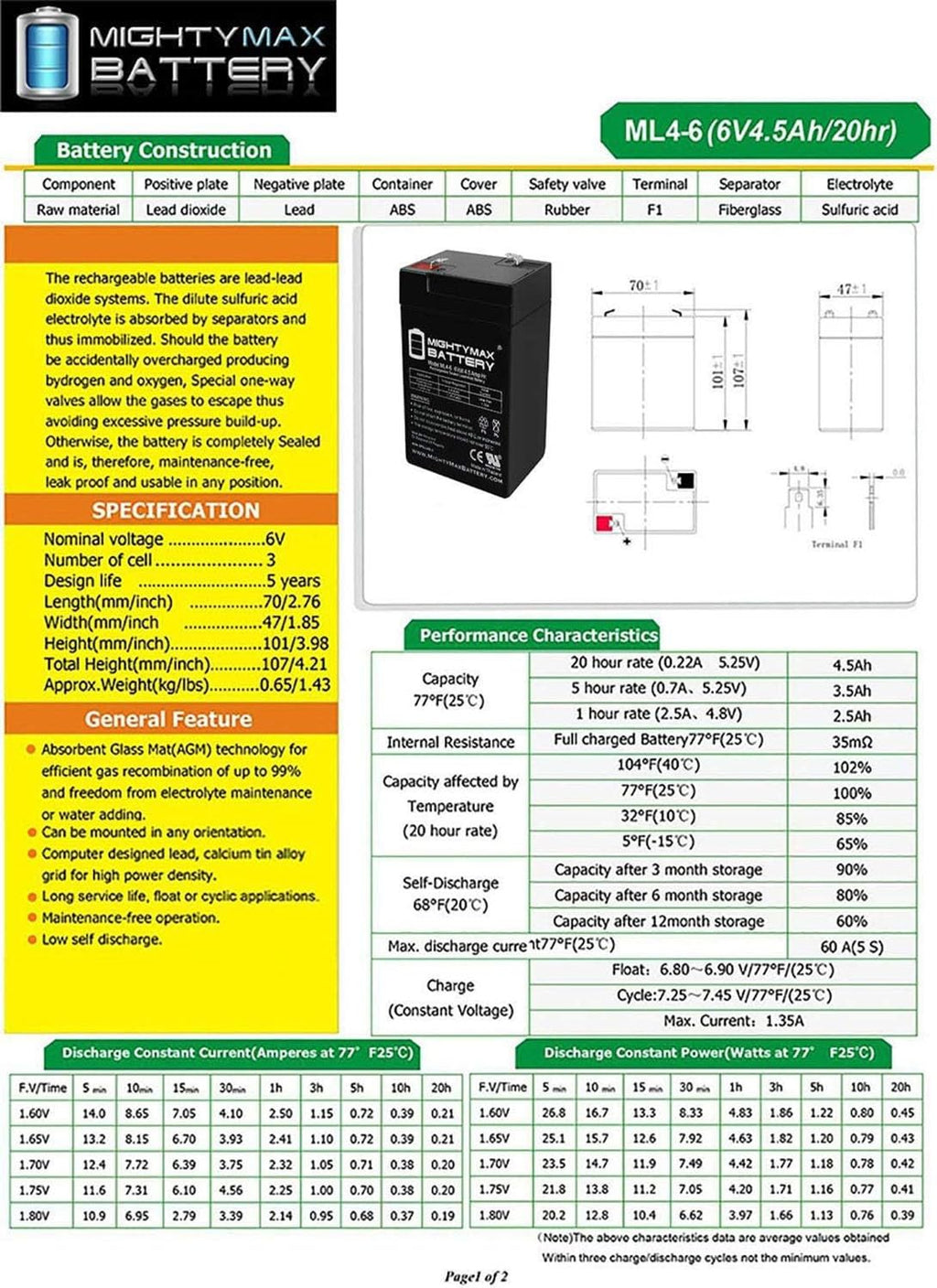 6V 4.5AH Replacement Battery 2 Pack V758